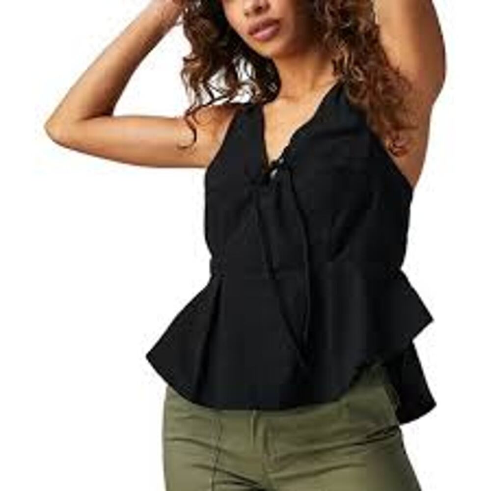 Free People Mika Tank Plunging Summer Coastal Seaside Black Peplum Women Medium